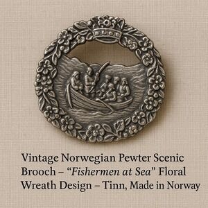 Tinn Norway Brooch Pin Boat Scene Floral Wreath Pewter Tone Vintage